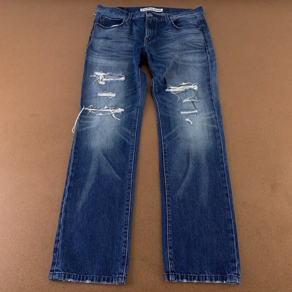 Express Mens Size 33 x 32 Dark Wash Distressed Rocco Slim Fit Skinny Jeans *Flaw